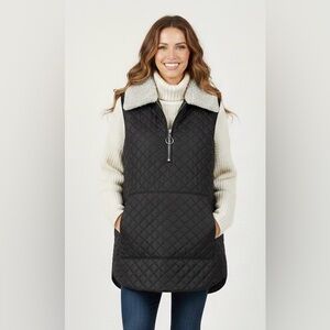 Dylan Oversized Black Boxed Quilted Half Zip-Up Vest, Kangaroo Pocket, Size XS/S